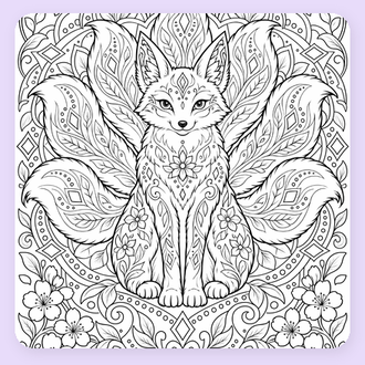 Ausmalbild Fantasiefuchs mit vielen Schwänzen als Mandala