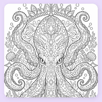 Ausmalbild Krake als Mandala mit feinen Mustern