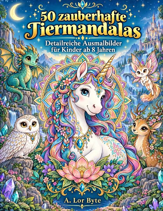 Buchcover „50 zauberhafte Tiermandalas“ mit einem Einhorn und weiteren Fantasietieren vor einer Märchenlandschaft